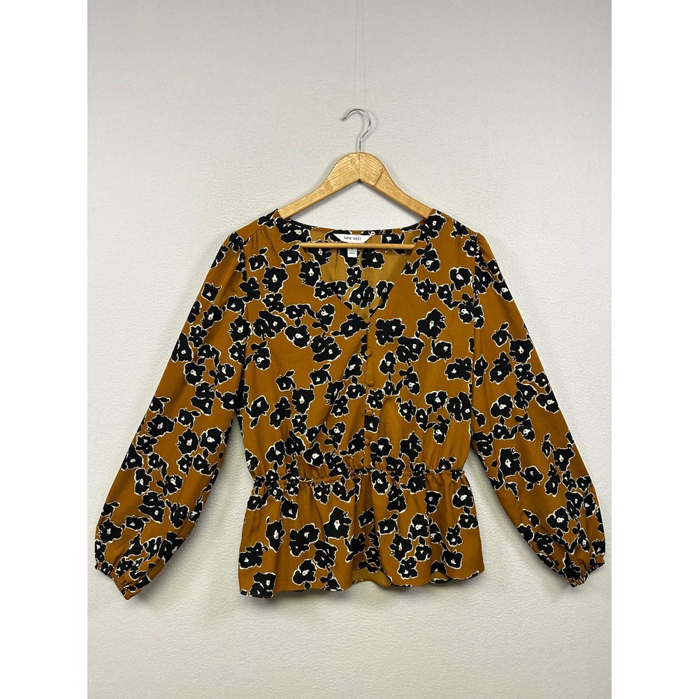 Nine West Floral Peplum Mustard Yellow Womens Medium Long Sleeve V-Neck Blouse